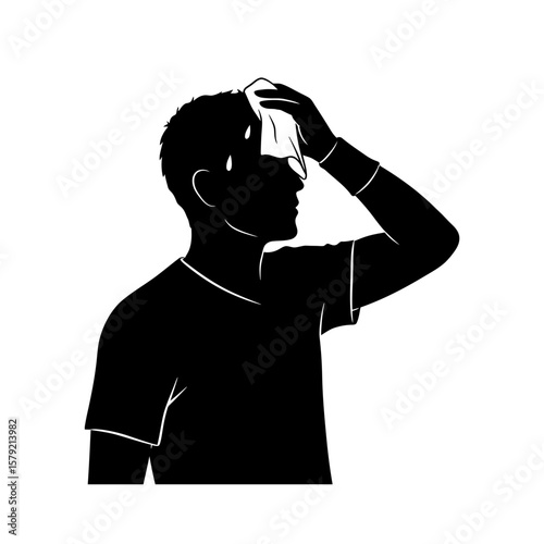 Sweaty Man Silhouette: A strong silhouette of a man wiping sweat from his brow, suggesting exertion and heat.  The image conveys feelings of tiredness, effort, and accomplishment.