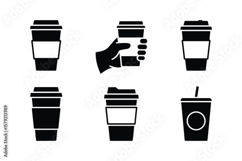 Black coffee cup icons with white bands and a hand holding disposable cup hot beverage