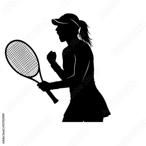 Silhouette of a triumphant tennis player: A striking silhouette of a female tennis player celebrating a victorious moment, her energy and triumph captured in this dynamic artistic representation.