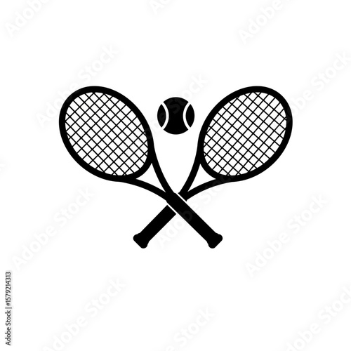 Tennis Essentials: A sleek monochrome composition features two crossed tennis rackets and a tennis ball, a symbol of sport and recreation.