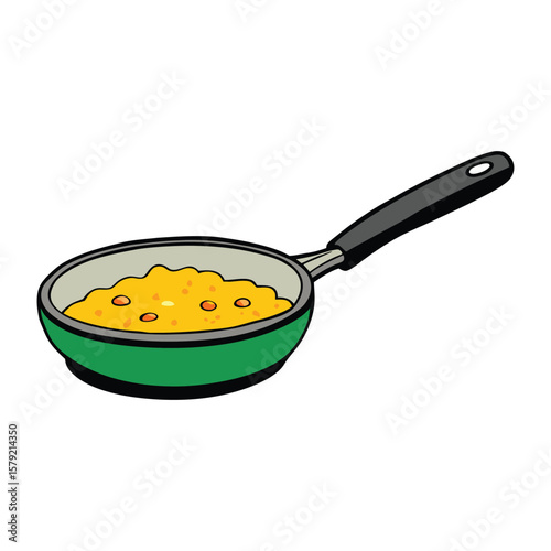 A hot frying pan sizzles with fluffy scrambled eggs, golden and soft, gently stirring as steam rises, filling the kitchen with a warm, savory aroma of breakfast delight.
