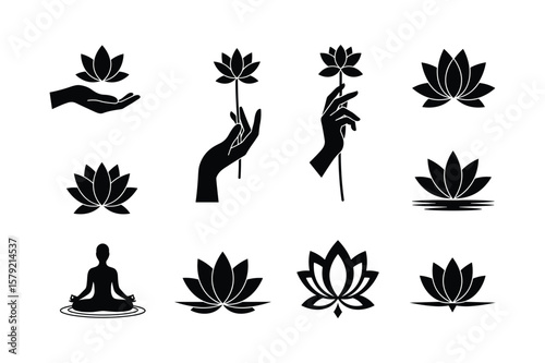 Black lotus flower icons and yoga silhouette vector