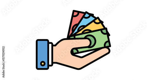 Hand Holding Cash in a Business Transaction with Colorful Banknotes in an Urban Environment