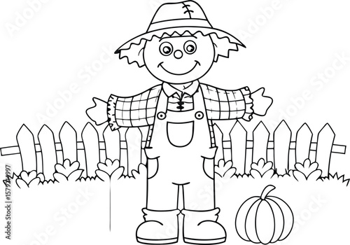 Friendly Scarecrow in a Garden by a Fence with a Pumpkin