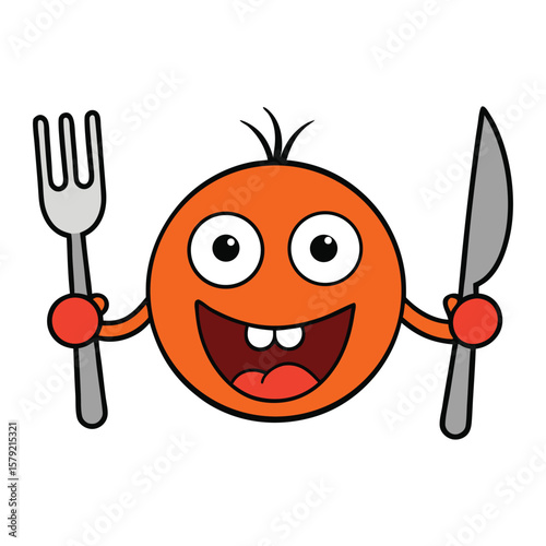 A hungry emoticon eagerly holds a knife and fork, eyes wide with anticipation and mouth open, ready to devour a delicious meal with playful, cartoonish excitement!
