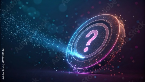 Glowing question mark symbol surrounded by digital particles and bokeh lights