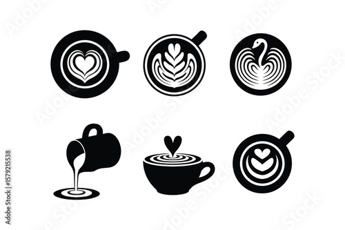 Coffee latte art designs heart swan and pouring vector