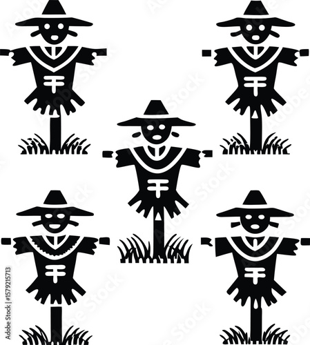 Five Black Scarecrow Icons on White Background