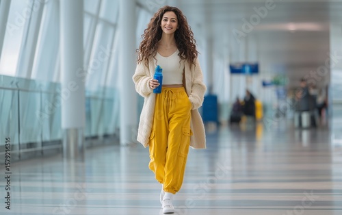  A full-body photo of a beautiful woman walking in an airport, wearing yellow wide-leg pants and white sneakers, smiling at the camera and holding a blue water bottle, with long, curly brown hair.