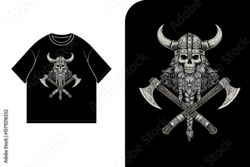 Viking-themed t-shirt design featuring a skull helmet and crossed axes.