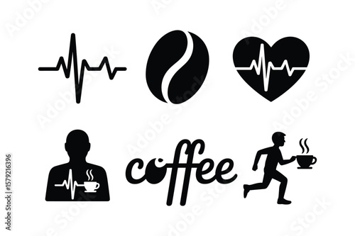 Heartbeat electrocardiogram coffee bean silhouette person with coffee cup running person with coffee cup