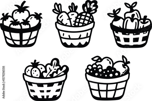 Five Baskets of Fresh Fruits and Vegetables Illustration