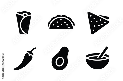 Mexican food icons burrito taco chips chili avocado salsa bowl tortilla chips chili pepper