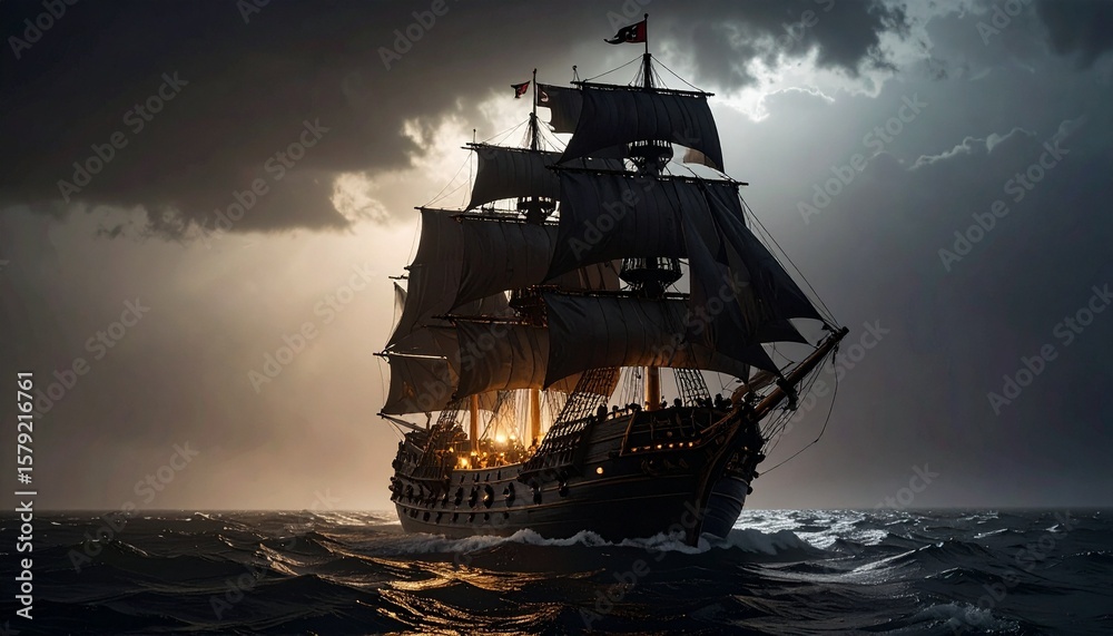 Fototapeta premium Dark Pirate Ship Sailing in Rough Ocean Under Stormy Sky