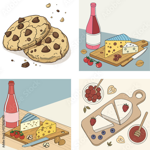 Delicious assortment of cheese wine cookies and berries
