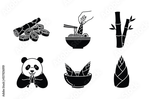 Panda eating bamboo shoots with chopsticks and bamboo stalks bowl