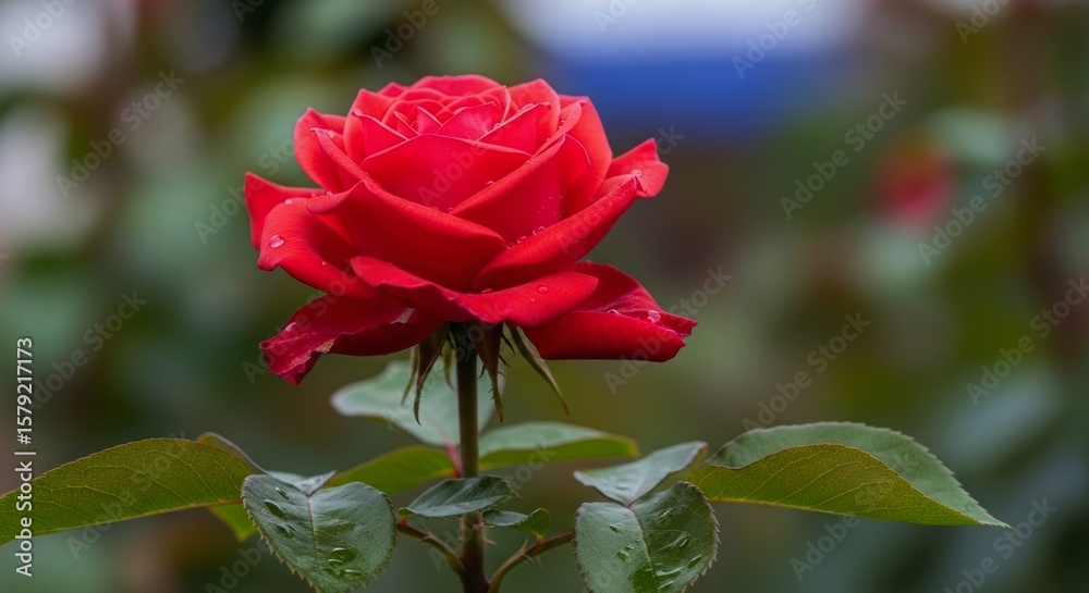 Obraz premium Vibrant red rose in full bloom with dew drops on petals and green leaves