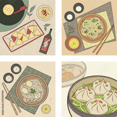 Cozy mealtime with noodles dumplings snacks and a record player