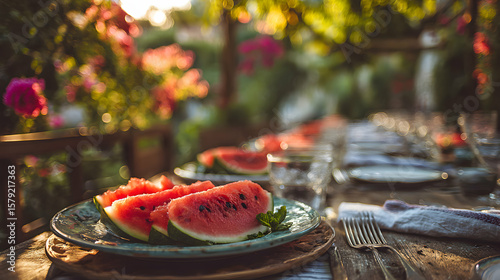 Fresh Watermelon Slices on a Rustic Wooden Table in a Vibrant Garden at Sunset