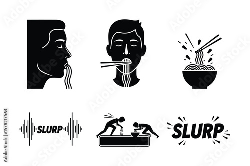 Silhouette of people eating noodles with chopsticks and sound waves bowl