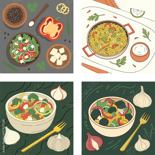A colorful assortment of fresh ingredients and prepared dishes