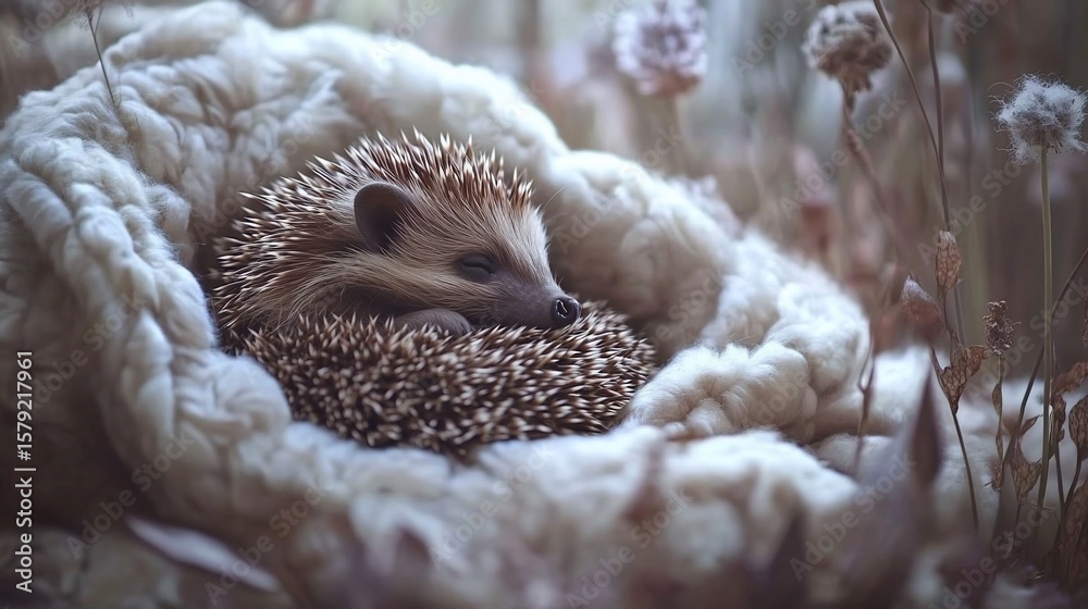 Fototapeta premium Hedgehog nestled in a soft, beige blanket among dried flowers