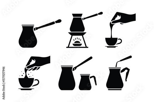 Turkish coffee preparation process icons cezve ibrik