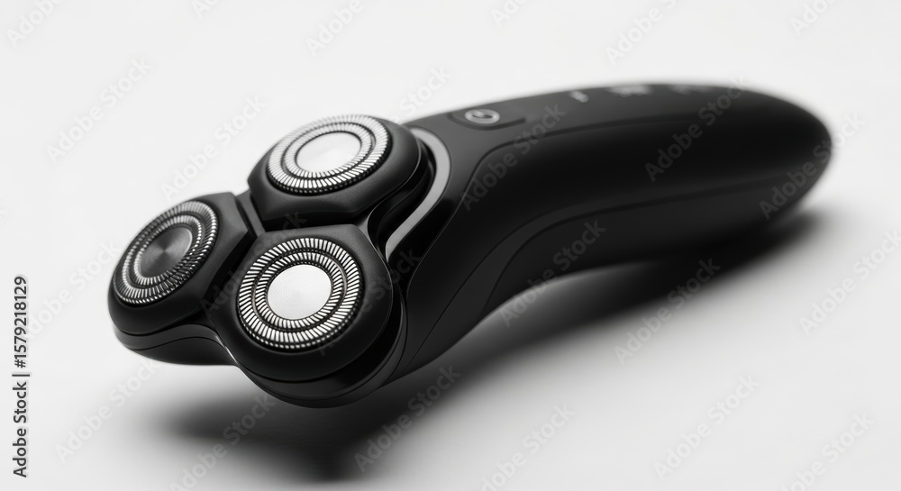 Sleek modern black electric razor with three rotary shaving heads on white Sleek modern black electric razor with three rotary shaving heads on white