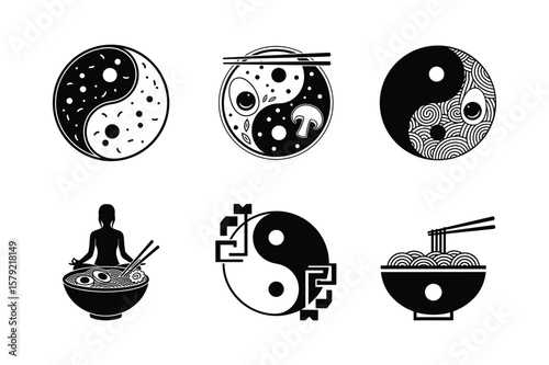 Yin Yang symbols with food and meditation noodles eggs