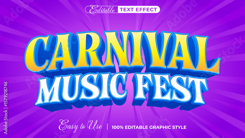 Carnival Music Fest text: A bold, 3D rendered text effect for 'Carnival Music Fest' with vibrant colors and radiating lines, exuding excitement and festive energy.