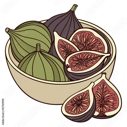Fresh, ripe purple figs, some cut in half with visible seeds, are organically arranged on a clean white background
