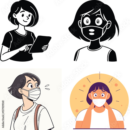 Diverse illustrations of women wearing face masks in various situations