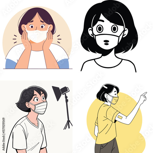 Diverse illustrations of people wearing masks and receiving vaccinations