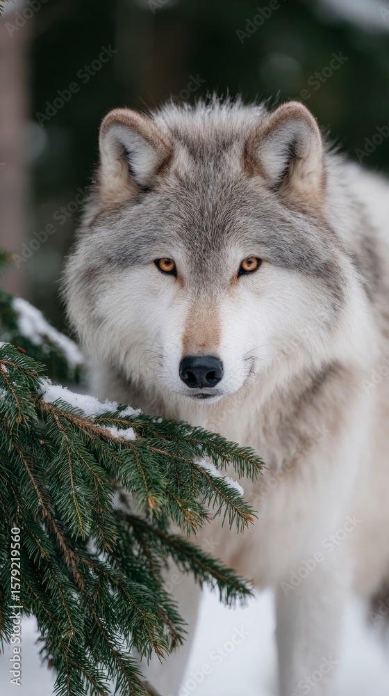 Obraz premium Close up of a gray wolf with amber eyes in a snowy evergreen forest setting