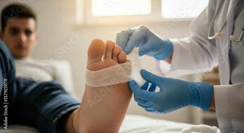 Doctor applying a bandage to a patient's foot