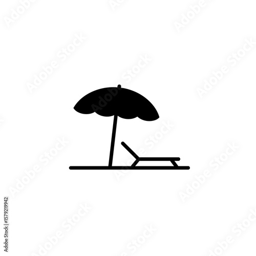 Seaside Relaxation Silhouette: A minimalist silhouette of a beach umbrella shading a relaxing lounge chair on a sandy beach. Simple yet evocative of leisure and tranquility.