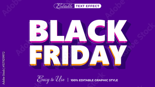 Black Friday Text Effect: A vibrant and dynamic visual announcing "Black Friday", designed with a bold 3D effect and a touch of artistic flair on a saturated purple background.