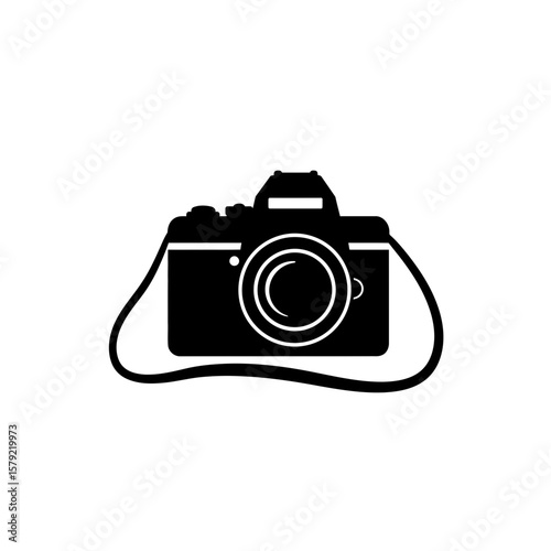 Classic Photography Silhouette: A simple, high-contrast silhouette of a classic camera with a lens, shoulder strap, and viewfinder. This graphic art represents the essence of photography.