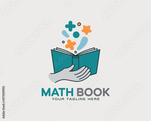 Math Education Logo with Book and Symbols