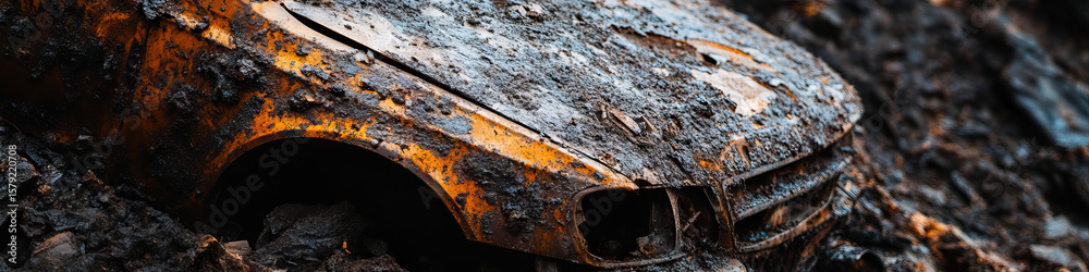 Fototapeta premium Mud-Covered Damaged Automobile in Soil