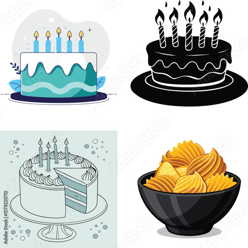 Four illustrations of cakes and a bowl of pasta chips