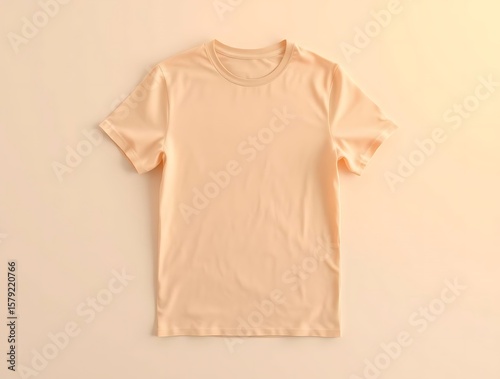 Plain peach t-shirt apparel arrangement on a solid peach background