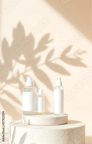 A clean skincare mockup featuring an organic product on a textured stone base. Soft shadows of foliage play across a beige background, creating a calm and natural spa-like atmosphere.