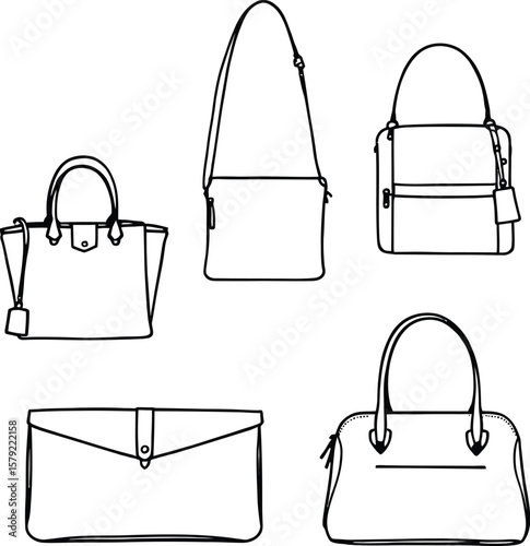 Minimalist Bag Silhouette Composition Featuring Twin-Handled Tag Tote, Crossbody Strap Purse, Zipped Front Pocket Handbag, Buttoned Clutch, and Top-Zip Dual Handle Carryall Representing Fashion Utilit