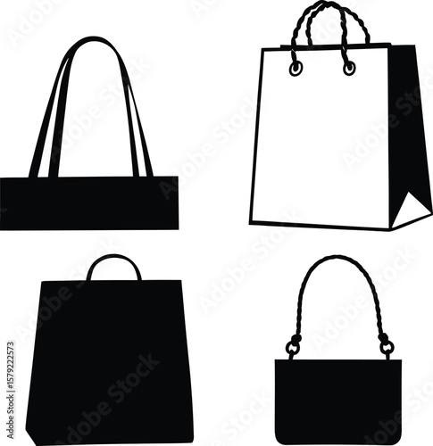 Minimalist Bag Silhouette Quartet Featuring Tote, Twisted Handle Paper Bag, Trapezoid Shopping Bag, and Chain-Strap Handbag Representing Fashion Utility and Contemporary Design Aesthetics