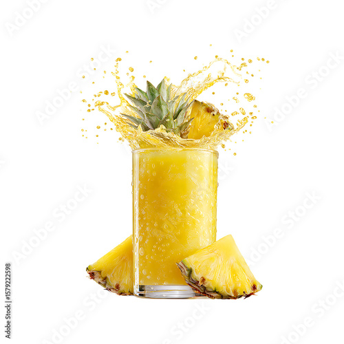 Refreshing pineapple juice splashing from a glass with fresh pineapple slices and leaves isolated on transparent background