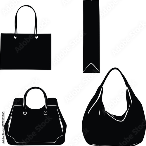 Minimalist Bag Silhouettes Featuring Tote, Slender Strap Element, Structured Handbag, and Slouchy Hobo Style in Decorative Quartet Celebrating Utility, Fashion Versatility, and Modern Design Flow