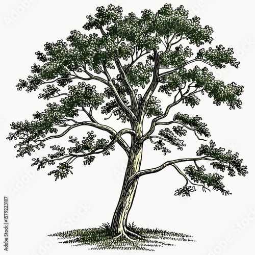 A lone vector tree silhouette, an isolated black illustration with green leaves, embodies the essence of nature throughout all seasons