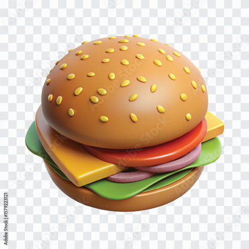 Burger: Captivating, high-angle shot of a freshly made, delectable burger, boasting vibrant layers of flavor: a toasted sesame seed bun, juicy patty, creamy cheese slice, crisp lettuce, ripe tomato.