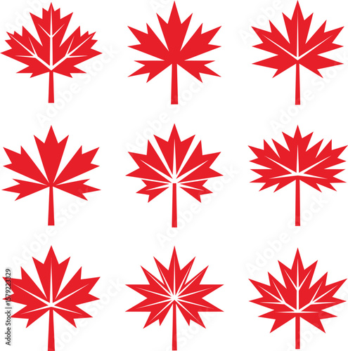 Collection of nine red maple leaf icons on a white background